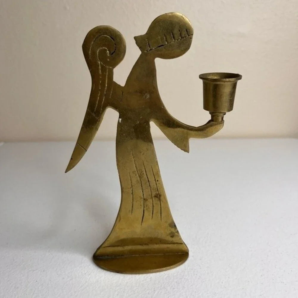 Vintage Brass Angel Candlestick Holder Made in Korea 7.5 Inches Tall Patina